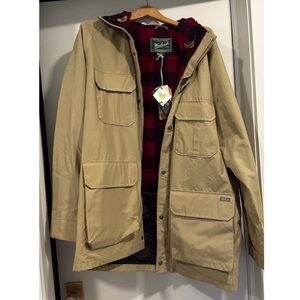 Woolrich Men's Beige Field Jacket with Red and Black Plaid Lining